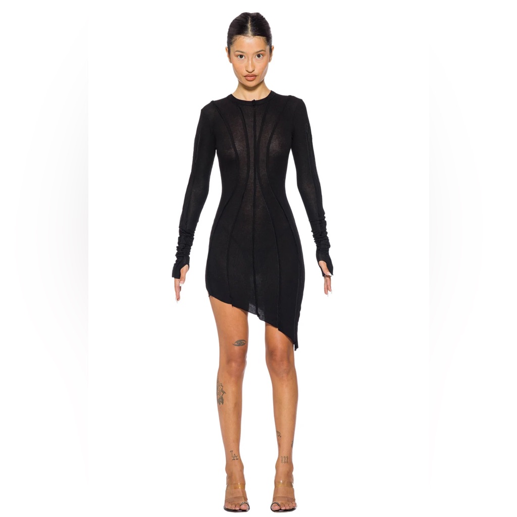 Sami Miro Vintage - Asymmetric Long Sleeve Mini Dress In Black Rib